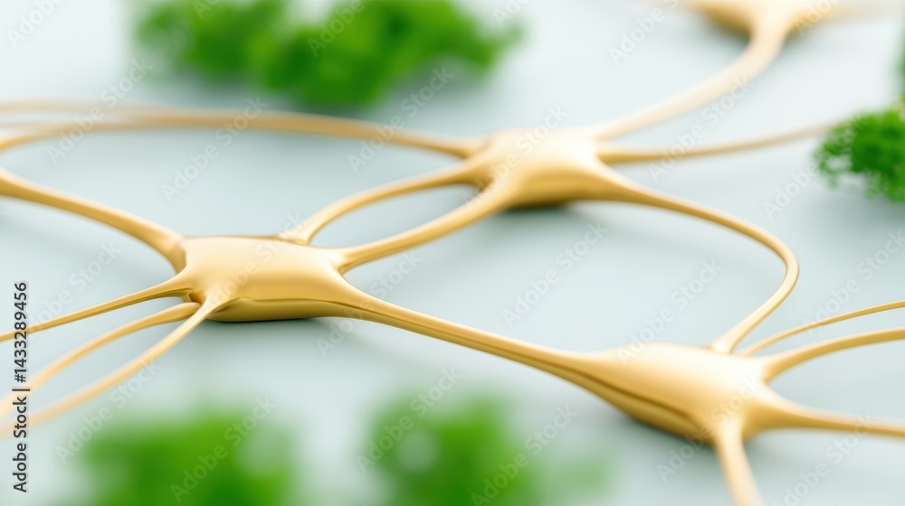 Poster a close-up view of interconnected golden neurons amidst green organic elements, representing the com
