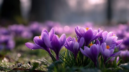 Blooming Purple Crocus Flowers with Water Droplets in Morning Light
