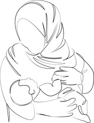 One continuous line art drawing flat illustration motherhood, care, woman, mother, child, newborn, muslim. Isolated image hand draw outline on white background, not AI