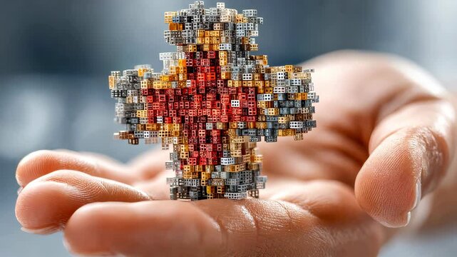 Hand holding a glowing red medical cross icon, symbolizing healthcare, emergency, and digital health services in a modern and dynamic visual style