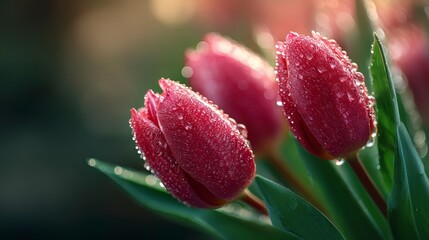 Naklejka premium Close-up of Vibrant Pink Tulips with Water Droplets in Gentle Light