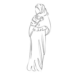 One continuous line art drawing flat illustration happy, beautiful, hijab, mother, pregnancy, flower, muslim. Isolated image hand draw outline on white background, not AI