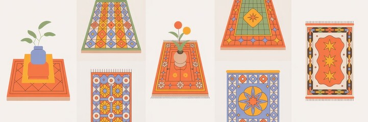 Assorted decorative floor coverings in various patterns and colors