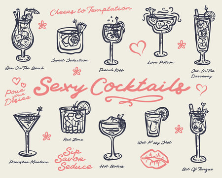 Beautiful hand drawn collection of drinks and cocktails Edition: Sexy Cocktails - vector illustration
