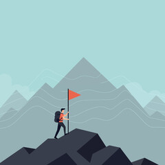 Hiker reaching mountain peak with red flag and blue background landscape vector illustration 