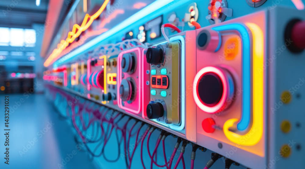 Poster brightly lit control panels with colorful buttons and wires create vibrant atmosphere in modern work