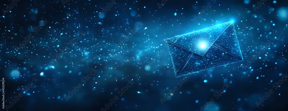 Poster glowing digital mail envelope icon with connecting dots and lines on dark blue background with bokeh