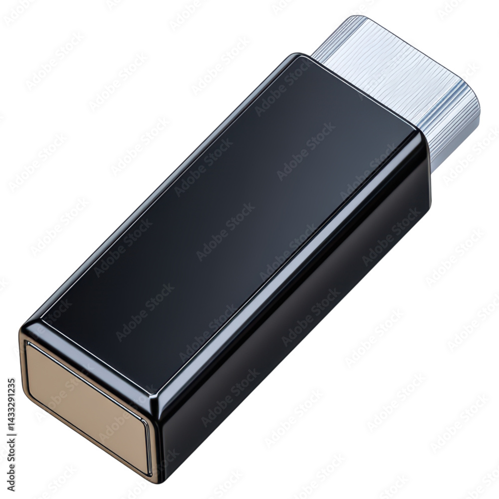 Poster stylish black rubber stamp with silver handle for documentation, isolated on transparent background.