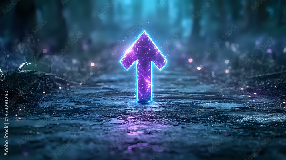 Aufkleber glowing neon purple arrow pointing upward on wet asphalt surface with bokeh lights and reflections c