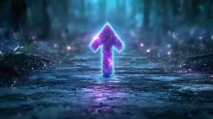 Glowing neon purple arrow pointing upward on wet asphalt surface with bokeh lights and reflections creating futuristic cyberpunk atmosphere in dark urban environment.
