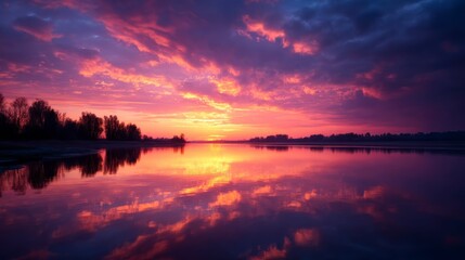 Obraz premium Lake at Sunset Reflecting Colorful Clouds and Sky in Still Water