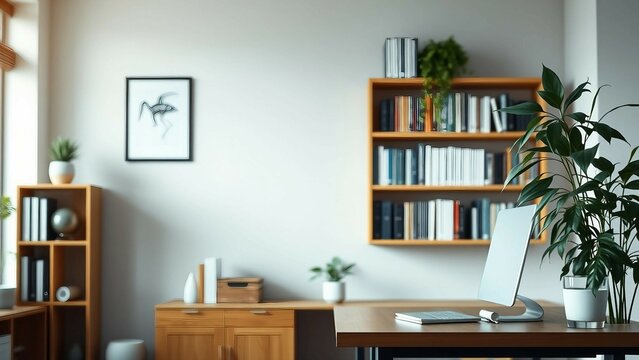A zoom background photo of a minimalist modern office with a bookshelf and plants
