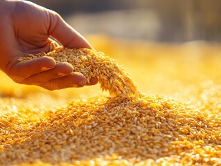 Hand of farmer pouring yellow golden wheat grain