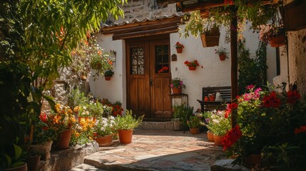 A quaint house entrance surrounded by colorful flowers and greenery