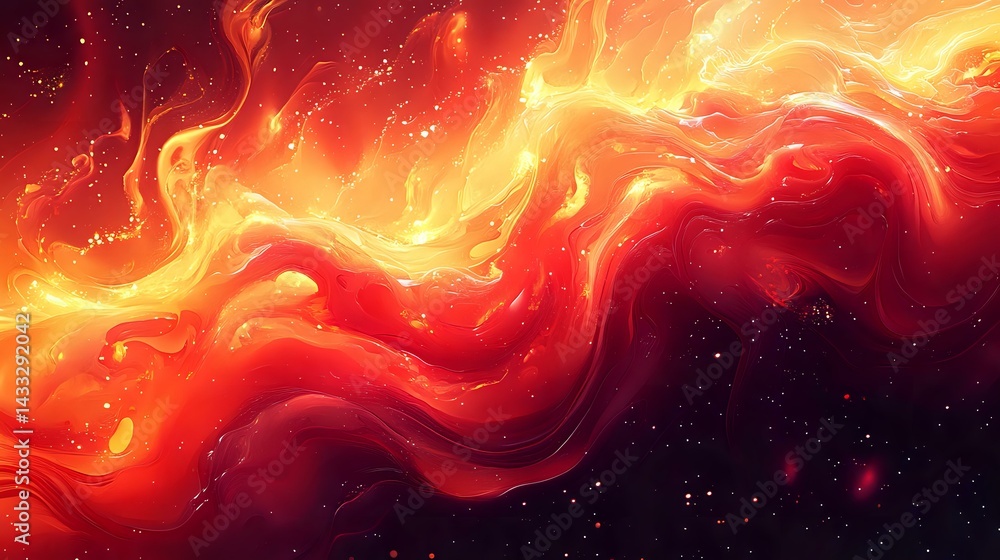Aufkleber vibrant cosmic nebula with swirling orange and red flames against dark space background, glowing ene