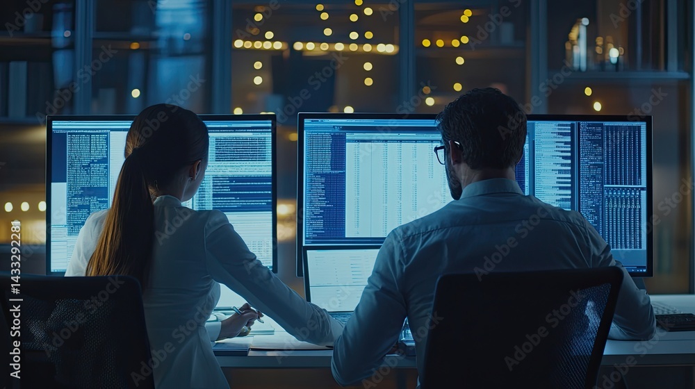 Aufkleber collaborative software developers analyzing code late into the night at office