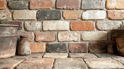 Rustic Brick Wall with Aged Pottery and Stone Flooring