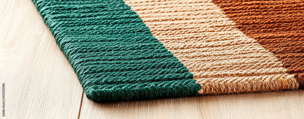 Poster close-up view of a colorful striped braided rug on a light hardwood floor creating a cozy atmosphere