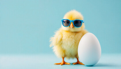 Cool yellow chick in sunglasses beside a white egg on a blue gradient background.

