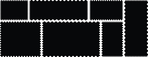 Vintage postage in different zigzag edges. Squares and rectangles of various sizes with zigzag smooth edges. Postage stamps collection with zigzag edges. 