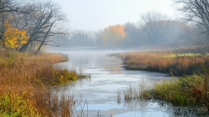 A serene landscape depicting water and autumn foliage along banks