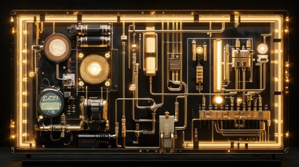 A glowing golden intricate circuit board with many components