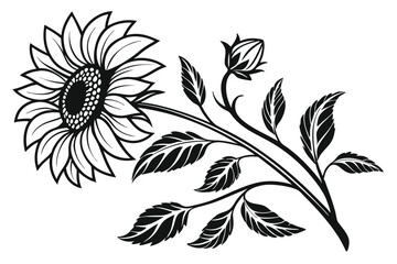 Black and White Sunflower with Branch, Leaves, and a Bud Outline Art Isolated