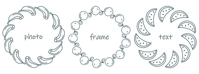 Summer fruit icons frame set. Hand drawn rounded border, outline black stroke graphic, linear doodle style design. Empty text space. White background. Vector illustration