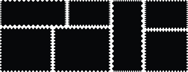 Squares and rectangles of various sizes with zigzag smooth edges. Postage stamps collection with zigzag edges. Vintage postage in different zigzag edges