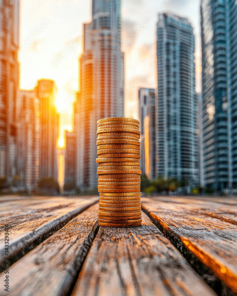 Poster stack of golden coins sits on wooden surface with modern skyscrapers in background under bright sunl