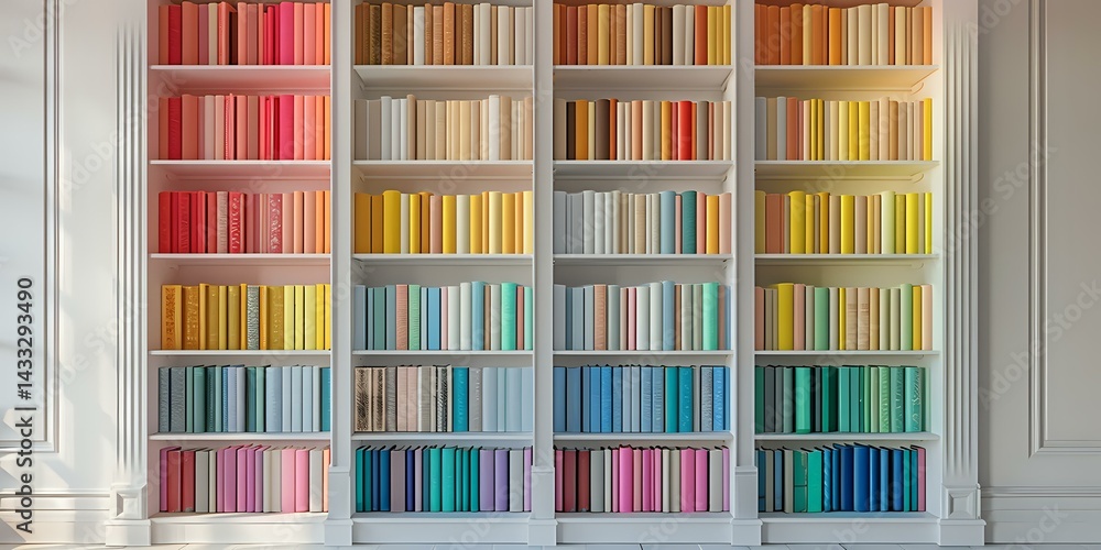 Poster colorful rainbow gradient bookshelf with books arranged by color from red to blue in modern white bu