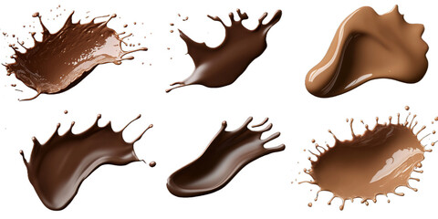 Multiple splashes and blobs of rich chocolate exhibit diverse textures and shapes against a clean white backdrop, showcasing the fluidity and appeal of this popular confectionery ingredient