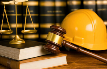 Legal gavel, scales of justice, law books, construction helmet, legal system, justice