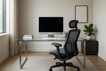 Scandinavian home office with wooden desk and green plants. Minimalist workspace design with natural light and ergonomic chair for creative productivity. Home Decor.