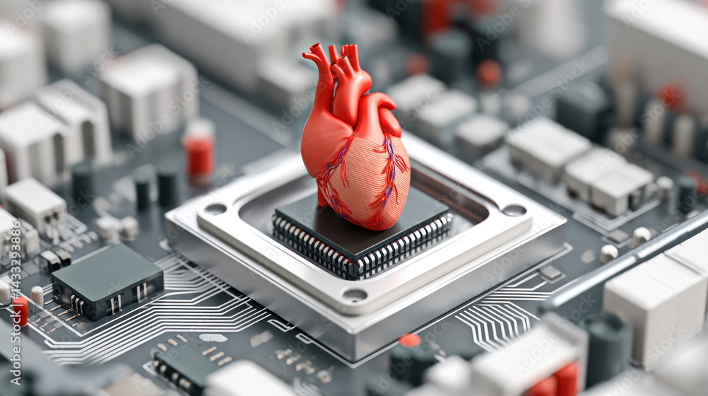Poster A realistic human heart lies on top of a computer microchip in a conceptual view of healthcare technology.