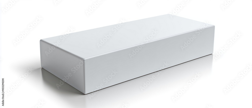 Aufkleber An isolated plain white rectangular box sits on a white surface with subtle reflection.
