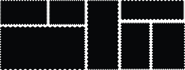 Vintage postage in different zigzag edges. Squares and rectangles of various sizes with zigzag smooth edges. Postage stamps collection with zigzag edges. 