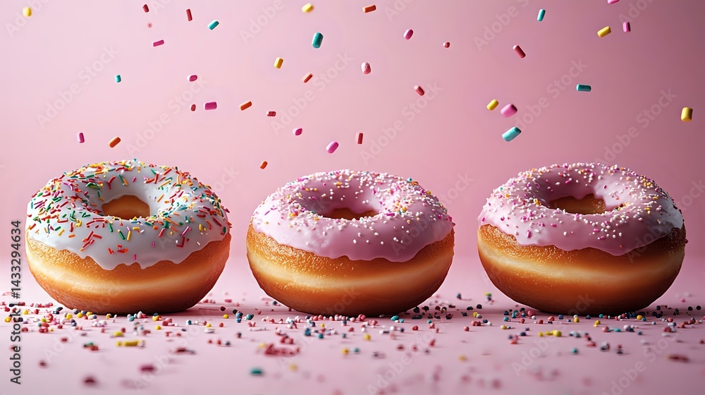 Aufkleber three glazed donuts with pink frosting and colorful sprinkles arranged in row on pink background wit