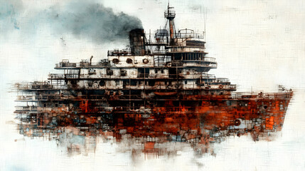 Decaying rusty ship, smokestack emitting dark smoke, ocean background; evokes themes of abandonment and environmental impact
