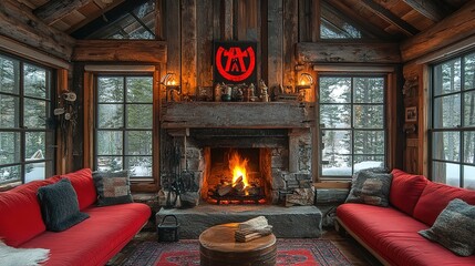 Rustic Cabin Interior with Burning Fireplace and Red Sofas in Wi
