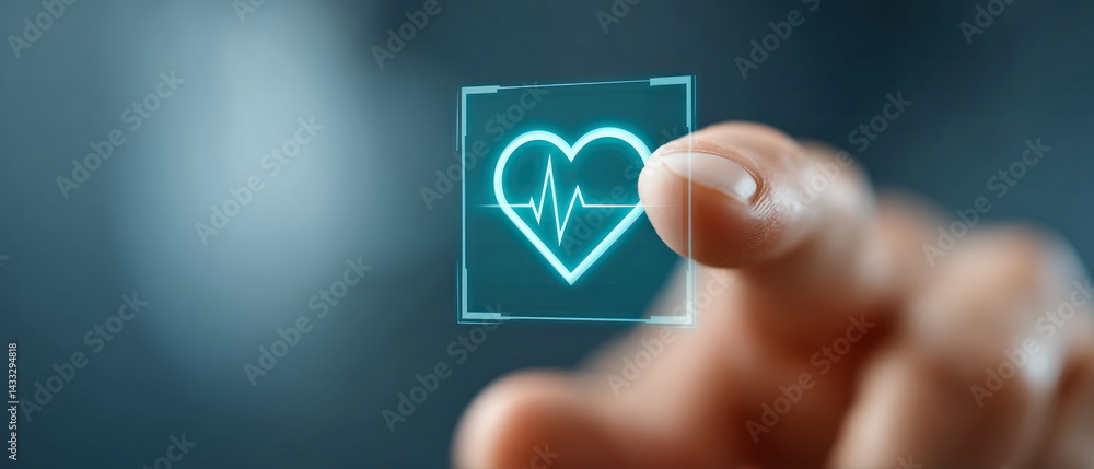 Poster A finger holds a glowing digital screen showing a heart and heartbeat symbol for health concepts.