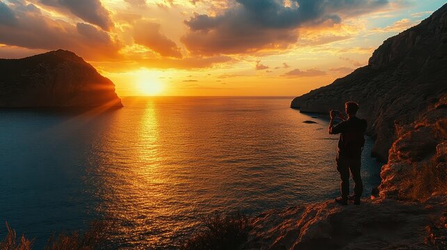 Person admires a stunning sunset over the ocean from a rocky coastline with mountains in the background