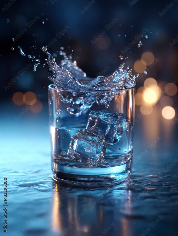 Poster ice cubes plunging into water glass creating splash with bokeh background