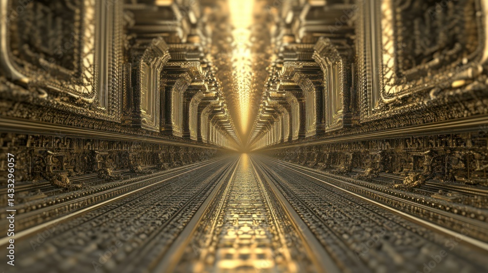 Poster golden architectural hallway featuring detailed patterns extending towards a light source