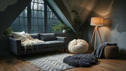 Generative AI, Cozy forest-view loft with dark neutral textures