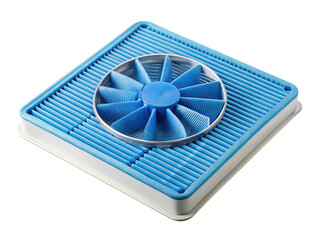 Blue air filter with fan design placed on top isolated on white