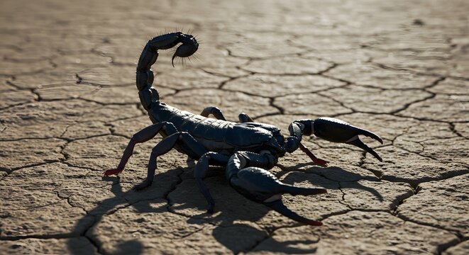 AI image depicting a menacing black scorpion poised defensively on dry, cracked desert earth under dramatic, harsh sunlight creating strong shadows. - Powered by Adobe