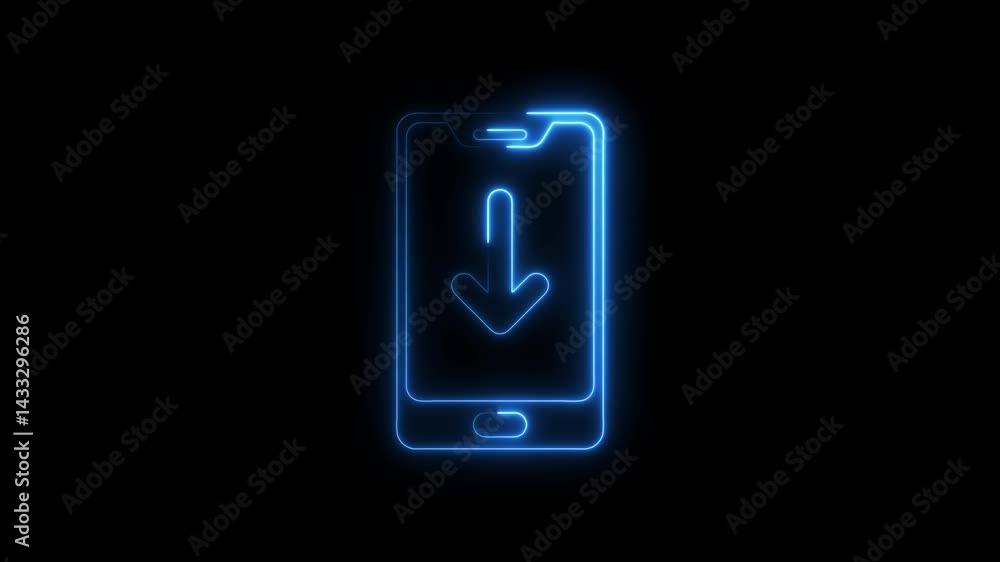 Poster neon smartphone downloading indicator with glow effect on black background animation
