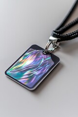 ID card with a holographic security element, attached to a breakaway safety lanyard. 