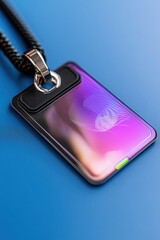 ID card with a holographic security element, attached to a breakaway safety lanyard.